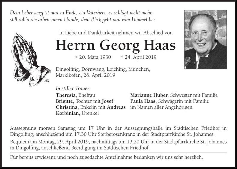 Traueranzeige Georg Haas