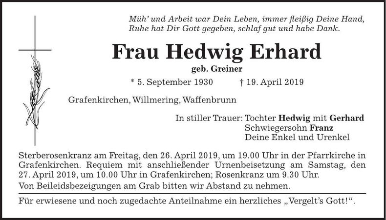 Traueranzeige Hedwig Erhard