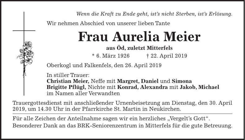 Traueranzeige Meier Aurelia