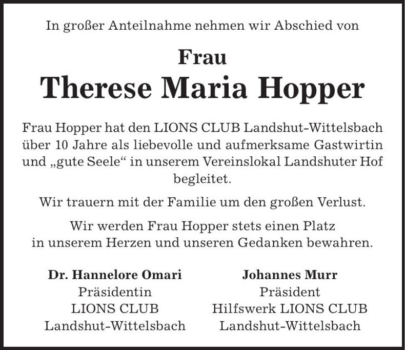 Traueranzeige Maria Therese Hopper