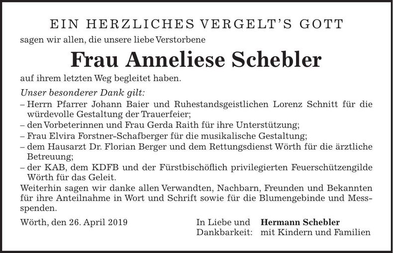 Traueranzeige Anneliese Schebler
