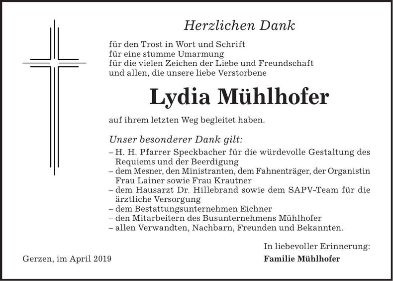Traueranzeige Lydia Mühlhofer