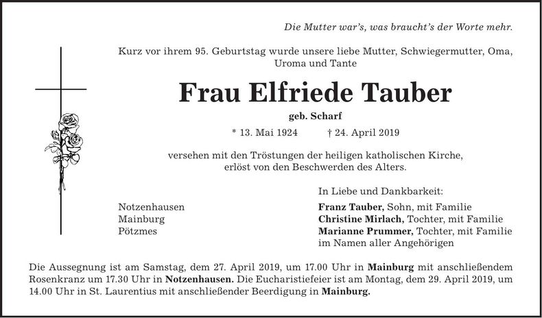 Traueranzeige Elfriede Tauber