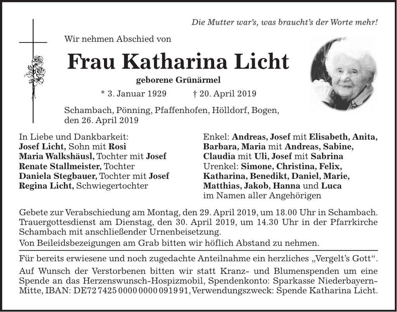 Traueranzeige Katharina Licht