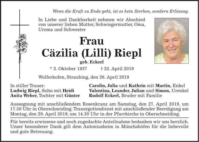 Traueranzeige Cäzilia Riepl