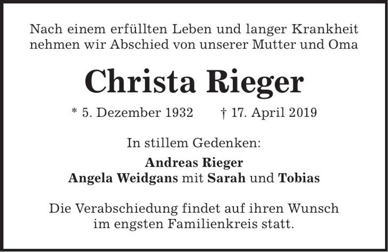 Traueranzeige Christa Rieger