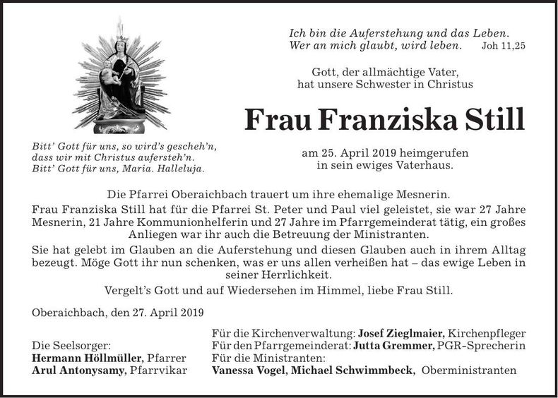 Traueranzeige Franziska Still