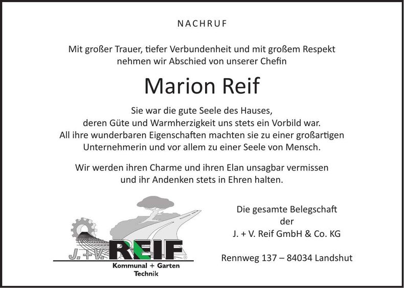 Traueranzeige Marion Reif