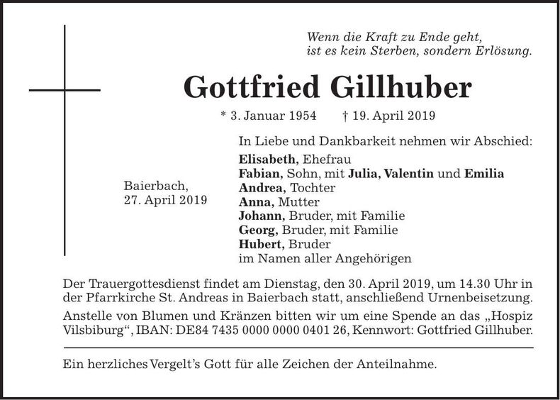 Traueranzeige Gottfried Gillhuber