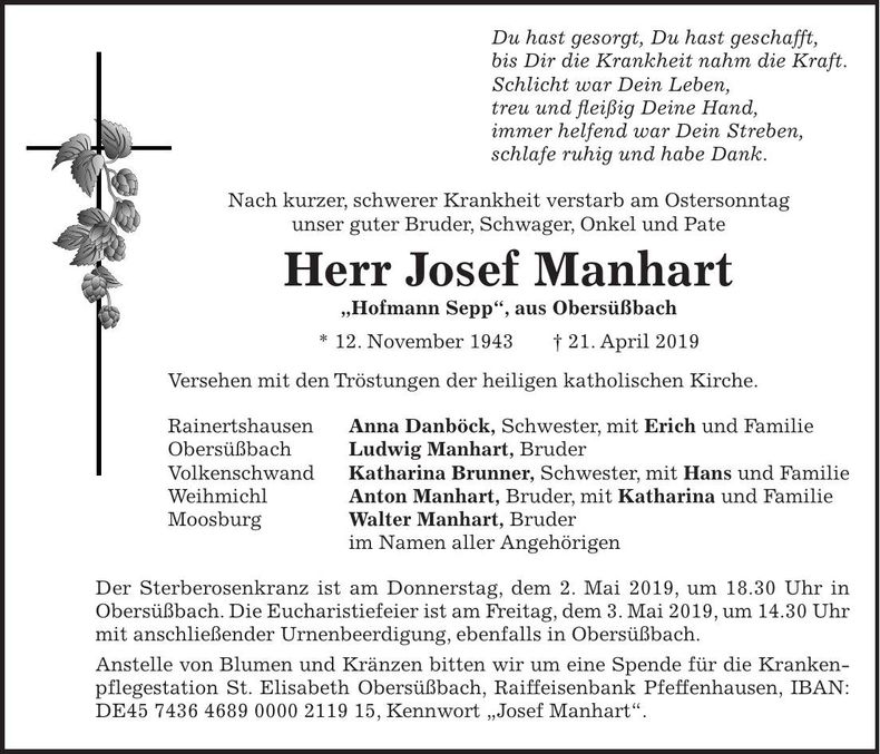 Traueranzeige Josef Manhart