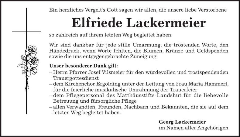 Traueranzeige Elfriede Lackermeier