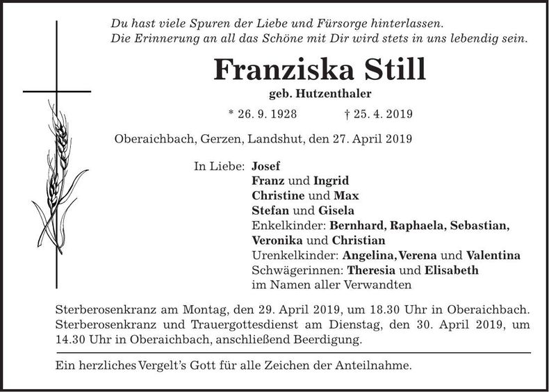 Traueranzeige Franziska Still