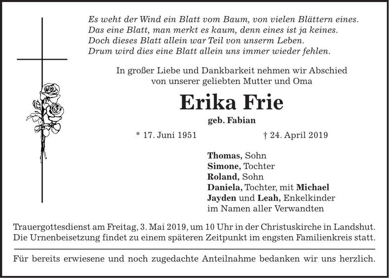 Traueranzeige Erika Frie