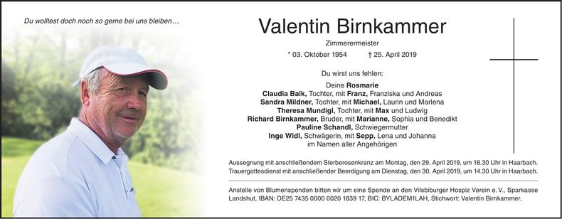 Traueranzeige Valentin Birnkammer