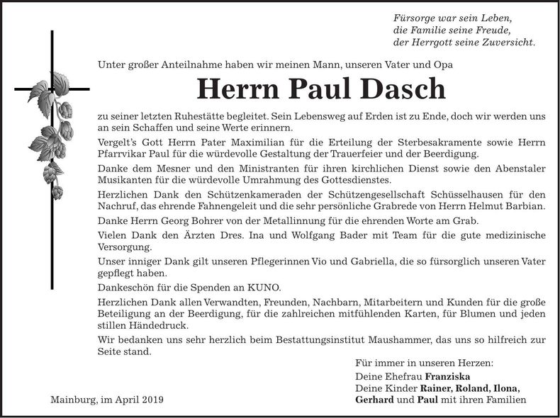 Traueranzeige Paul Dasch