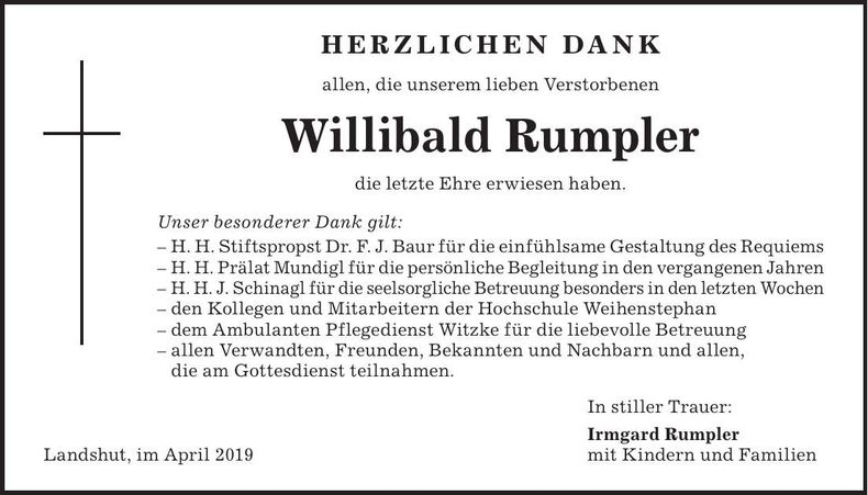 Traueranzeige Willibald Rumpler