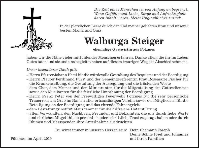 Traueranzeige Walburga Steiger