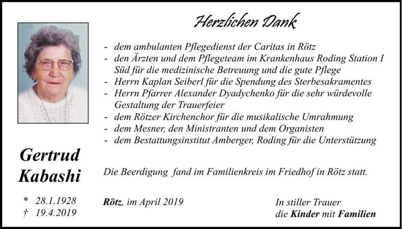 Traueranzeige Gertrud Kabashi
