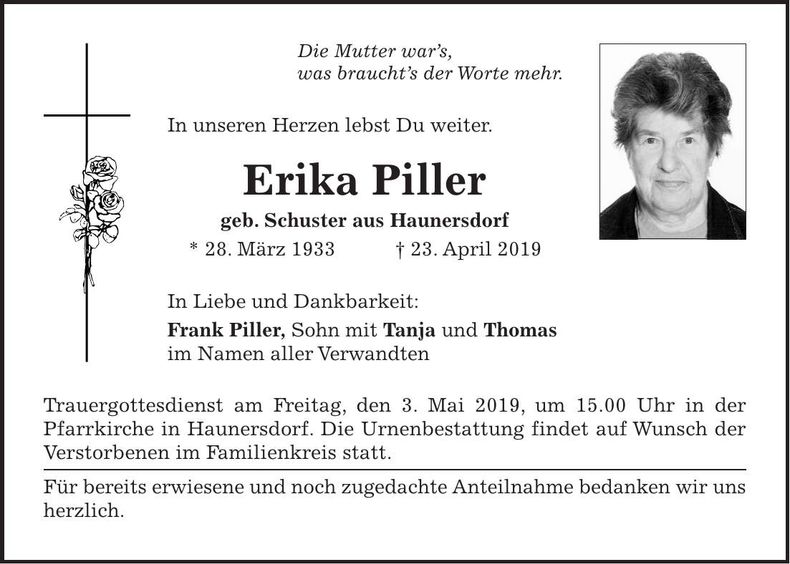 Traueranzeige Erika Piller