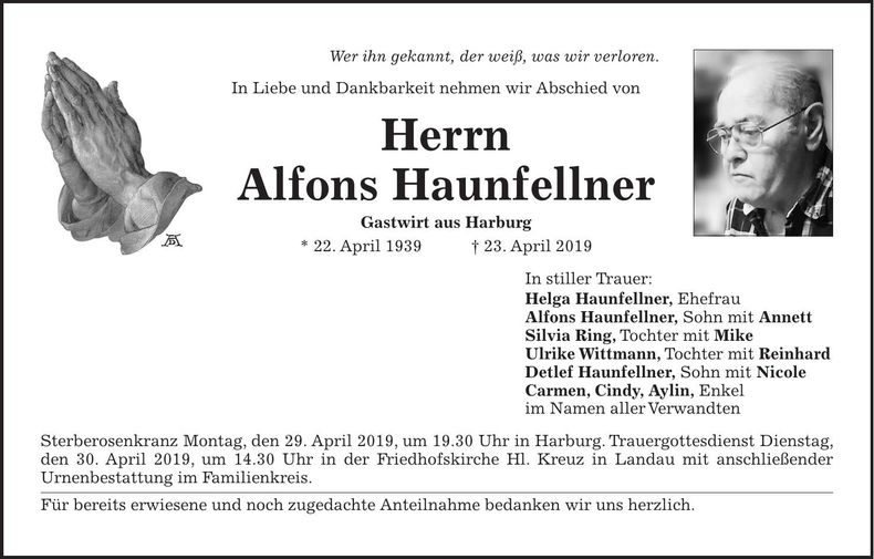 Traueranzeige Alfons Haunfellner