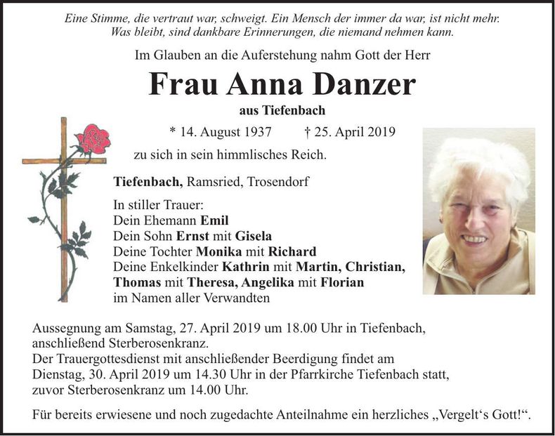 Traueranzeige Anna Danzer