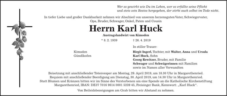 Traueranzeige Karl Huck