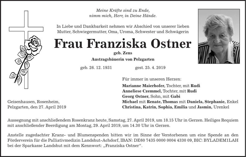 Traueranzeige Franziska Ostner