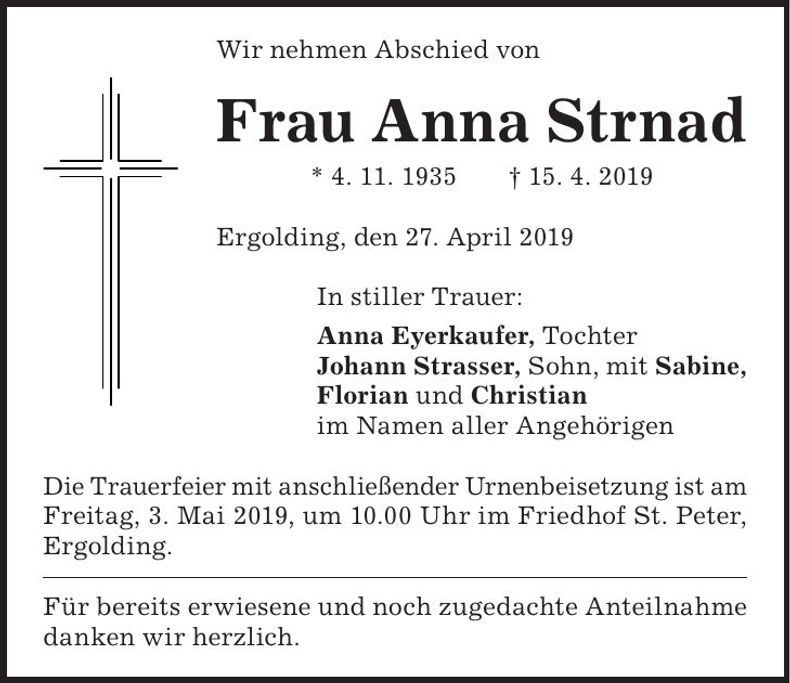 Traueranzeige Anna Strnad