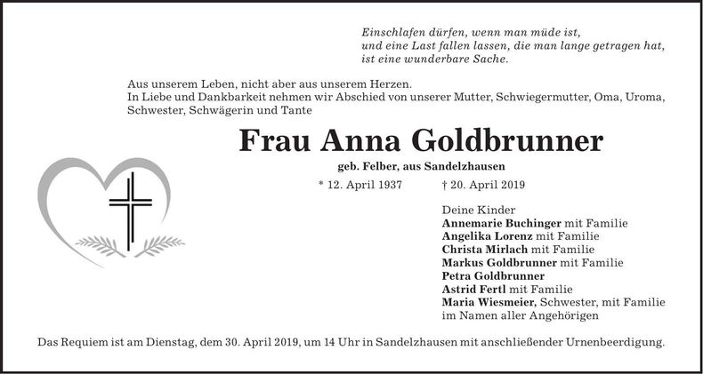 Traueranzeige Anna Goldbrunner