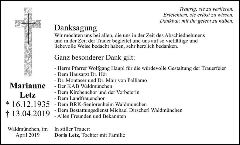 Traueranzeige Marianne Letz