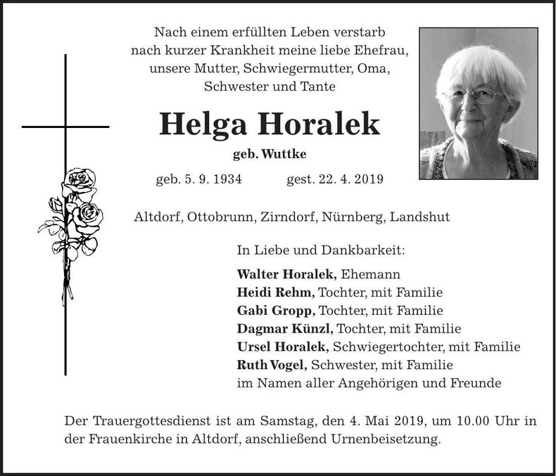 Traueranzeige Helga Horalek