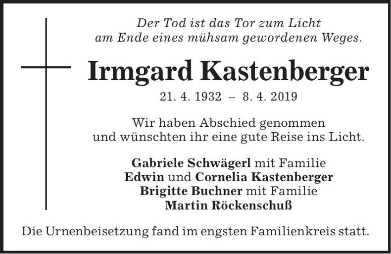 Traueranzeige Irmgard Kastenberger