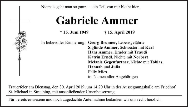 Traueranzeige Gabriele Ammer