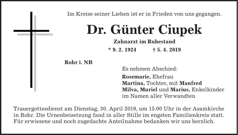 Traueranzeige Günter Ciupek