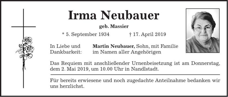 Traueranzeige Irma Neubauer