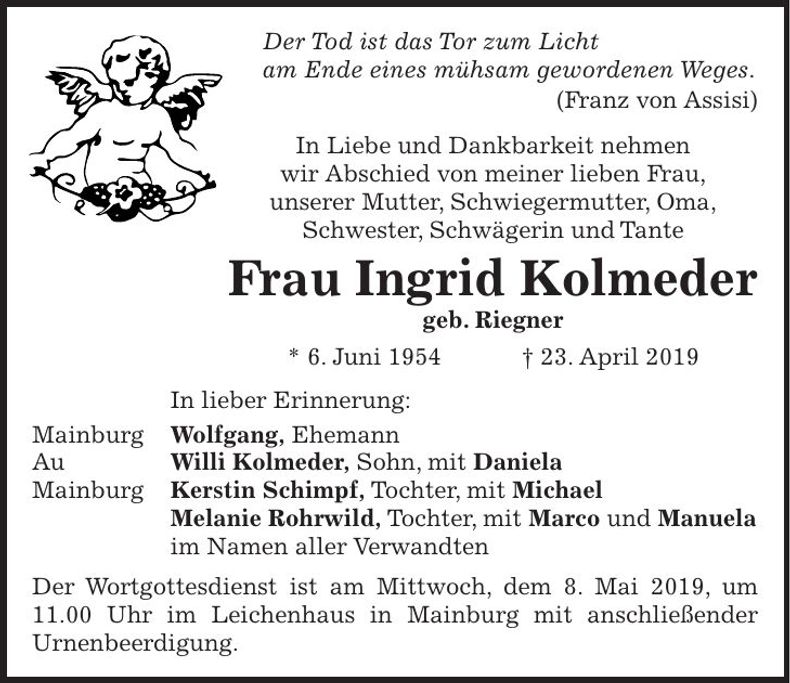 Traueranzeige Ingrid Kolmeder