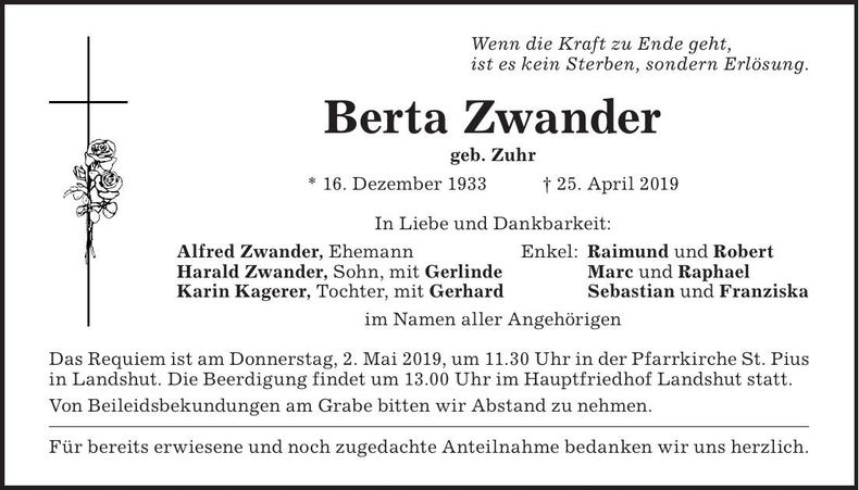 Traueranzeige Berta Zwander