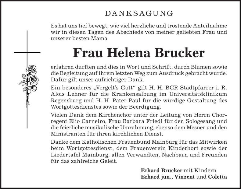 Traueranzeige Helena Brucker