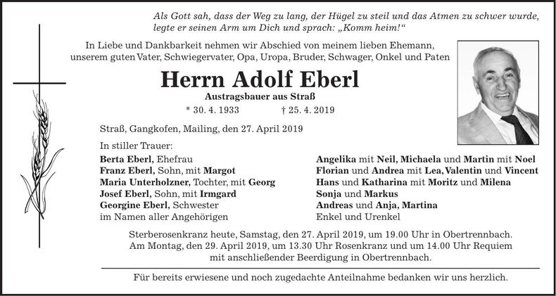 Traueranzeige Adolf Eberl