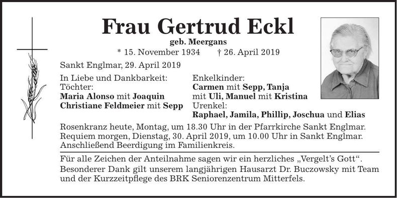 Traueranzeige Gertrud Eckl