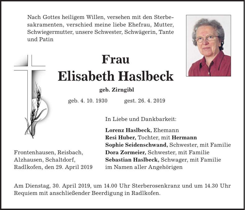 Traueranzeige Elisabeth Haslbeck