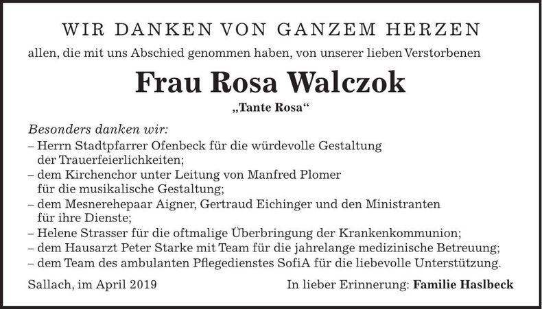 Traueranzeige Rosa Walczok