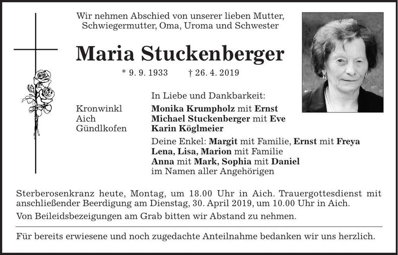 Traueranzeige Maria Stuckenberger