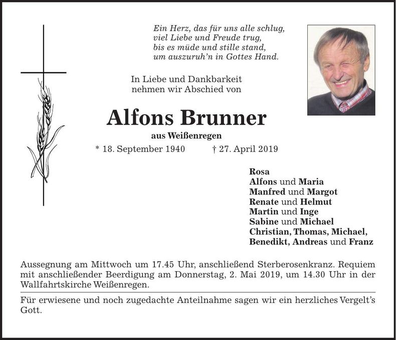 Traueranzeige Alfons Brunner