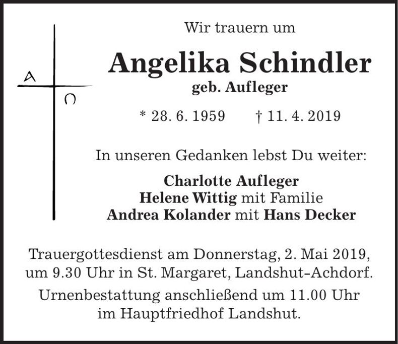 Traueranzeige Angelika Schindler