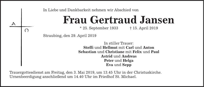 Traueranzeige Gertraud Jansen