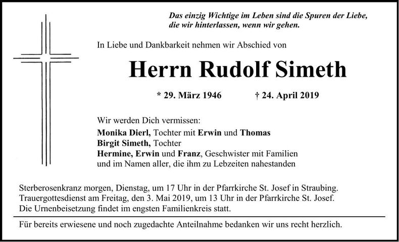 Traueranzeige Simeth Rudolf