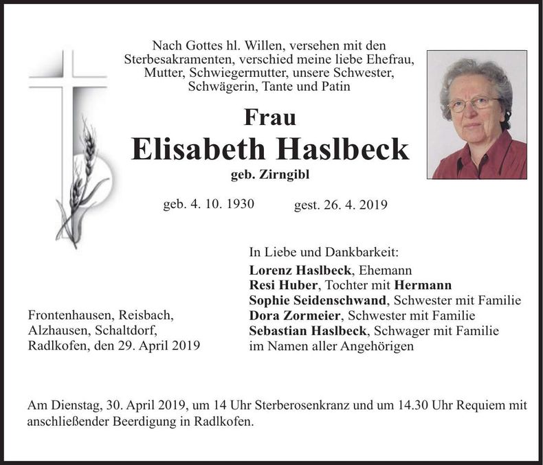 Traueranzeige Elisabeth Haslbeck