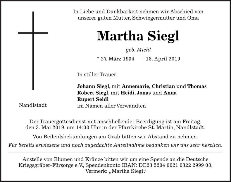 Traueranzeige Martha Siegl