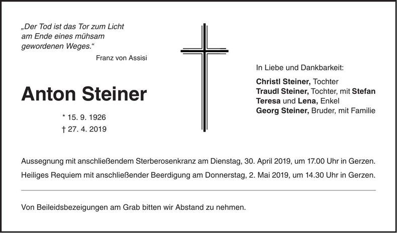 Traueranzeige Anton Steiner